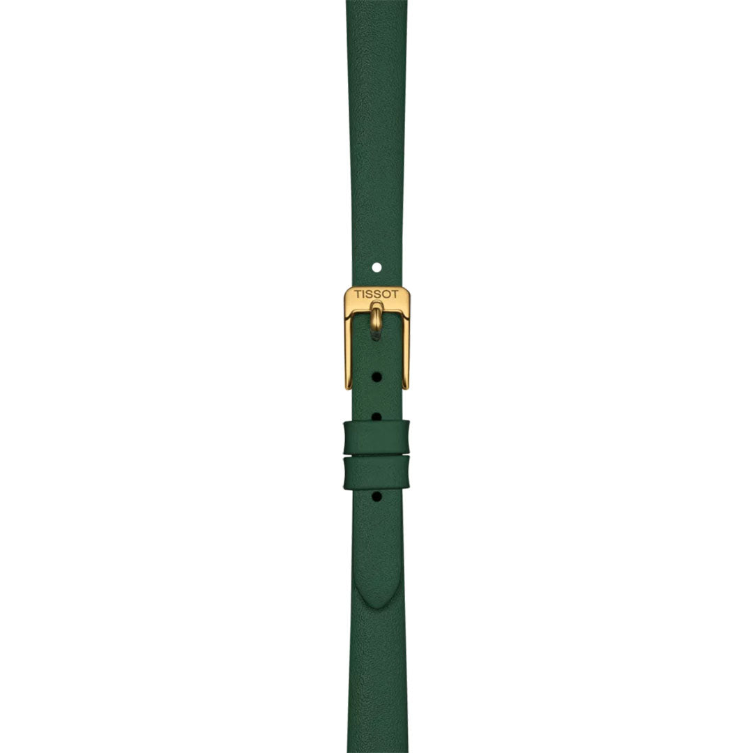 A green leather strap with a gold buckle engraved "Tissot," shown vertically on white—a refined accessory for your Tissot Lovely Round Quartz 19.5mm watch.