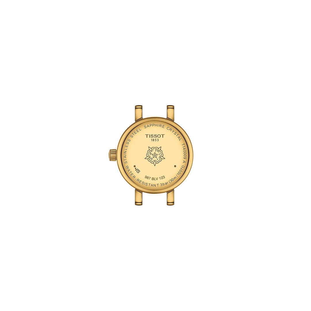 The Tissot Lovely Round Quartz 19.5mm watch case back is gold, featuring engraved stainless steel info, sapphire glass, 3 bar water resistance, the serial number, and a central Tissot logo. No band or burgundy dial appears.