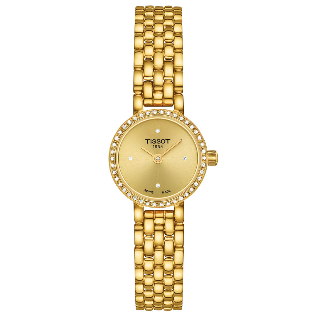 The Tissot Lovely Round Quartz 19.5mm watch features a golden round face, braided metal band, and Swiss Made quartz movement. Its minimalist two-hand design is accented with diamond hour markers, small bezel crystals, and a durable scratch-resistant sapphire crystal.