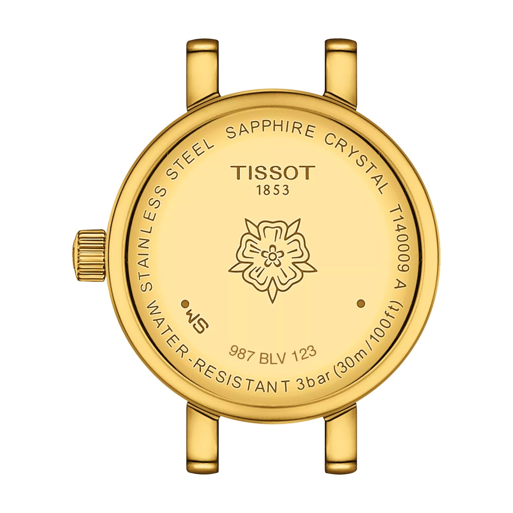 The image depicts the back of a gold Tissot Lovely Round Quartz 19.5mm watch case, with engravings like a decorative flower, "Tissot 1853," "Stainless Steel," "Scratch-resistant sapphire crystal," "Water Resistant 3 bar (30m/100ft)," and model number T140009A.