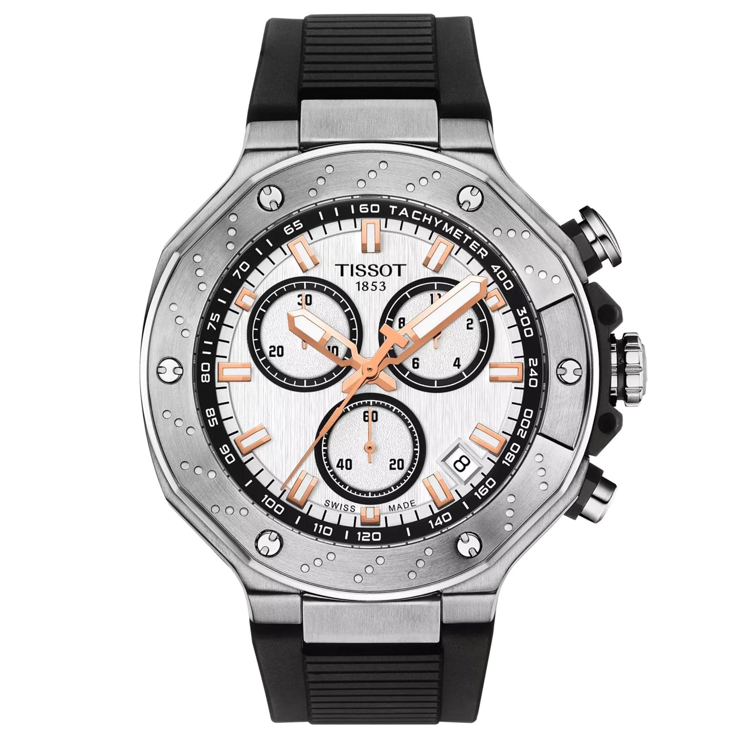 The Tissot T-Race Chronograph Quartz 45mm watch features a stainless steel case, silver-white dial with rose gold accents, three subdials, tachymeter scale, black rubber strap, and right-side crown—ideal for today’s modern bikers.
