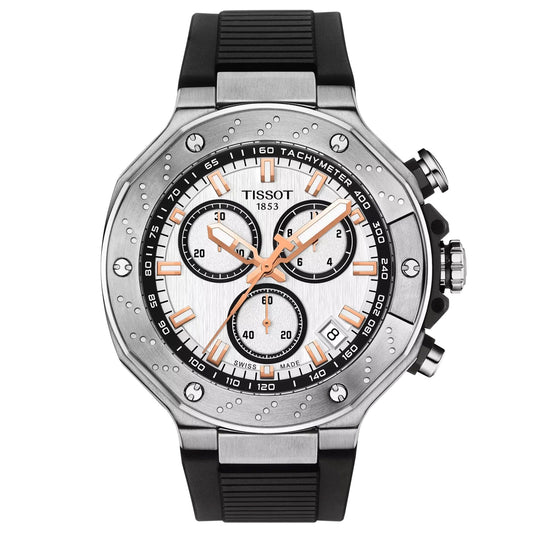 The Tissot T-Race Chronograph Quartz 45mm watch features a stainless steel case, silver-white dial with rose gold accents, three subdials, tachymeter scale, black rubber strap, and right-side crown—ideal for today’s modern bikers.