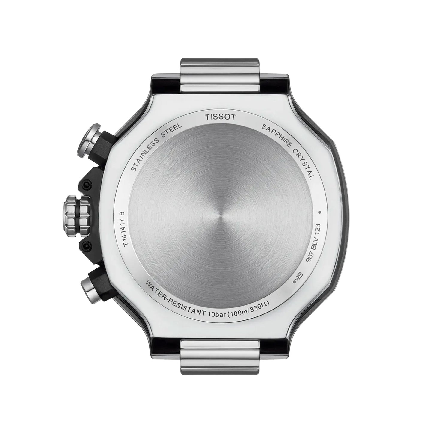 The back view of the Tissot T-Race Chronograph Quartz 45mm Watch displays its stainless steel case and band, water resistance, sapphire crystal, model numbers, and other specifications from the iconic Tissot brand.