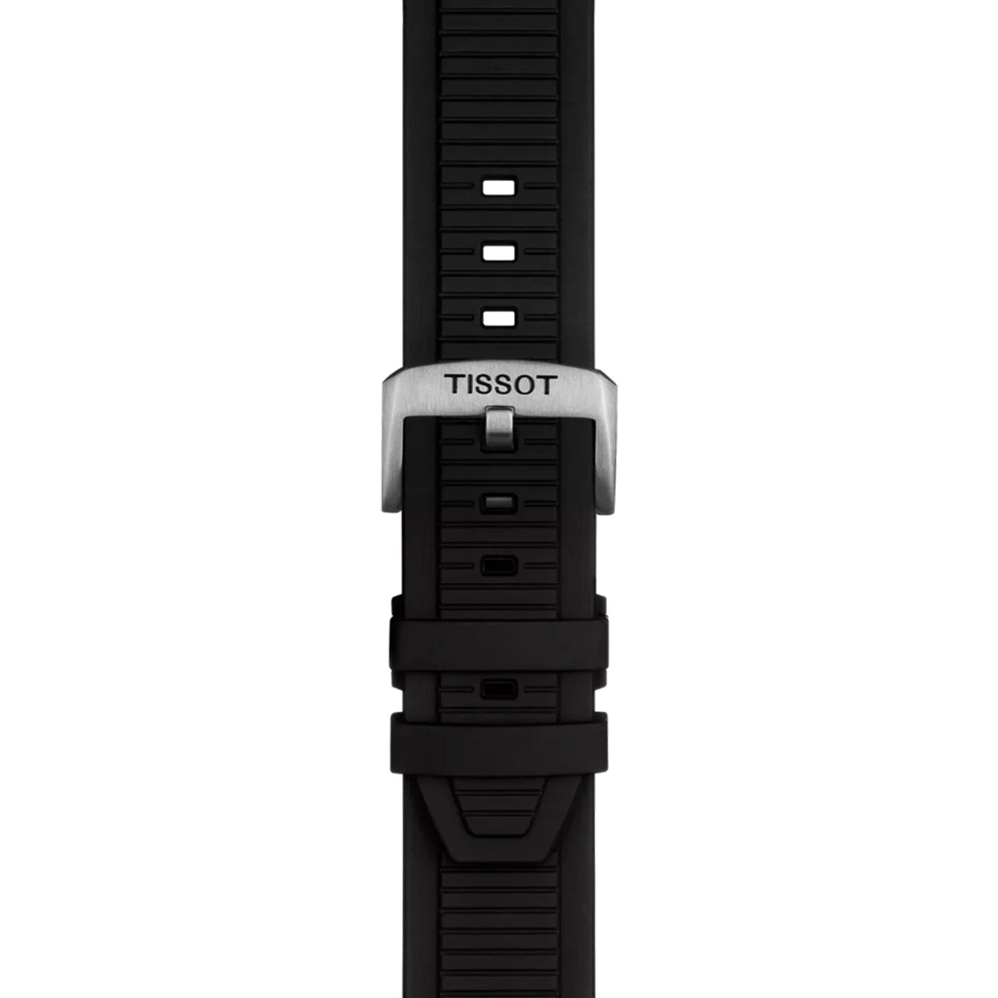 Close-up of the black strap and silver "TISSOT" buckle on the Tissot T-Race Chronograph Quartz 45mm Watch, highlighting its ridged texture and sporty biker-inspired design.