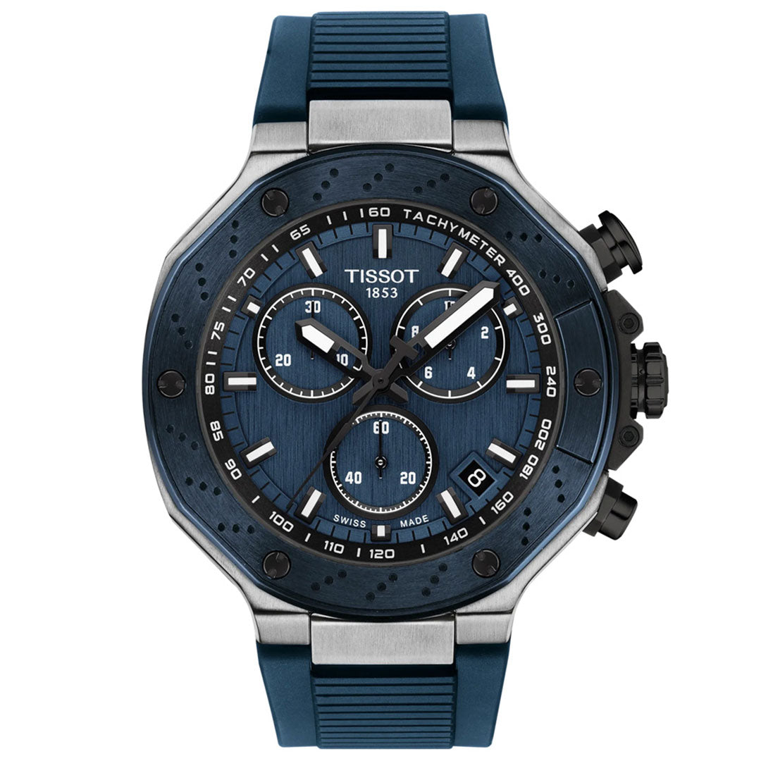 The Tissot T-Race Chronograph Quartz 45mm by Tissot features a blue strap and dial, silver-white hour markers, three subdials, tachymeter bezel, and classic chronograph pushers on the right for a sporty look.