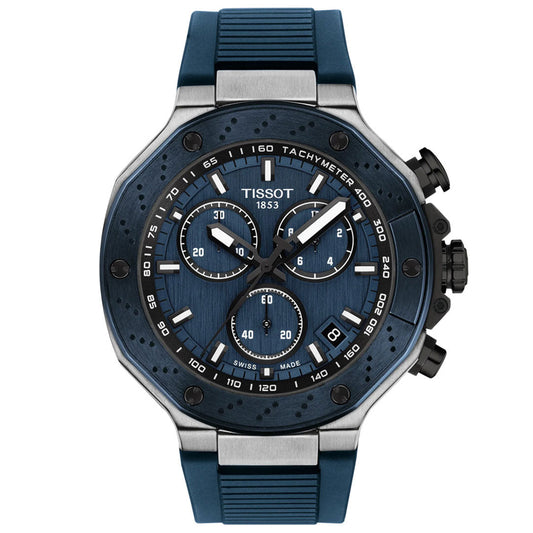 The Tissot T-Race Chronograph Quartz 45mm by Tissot features a blue strap and dial, silver-white hour markers, three subdials, tachymeter bezel, and classic chronograph pushers on the right for a sporty look.