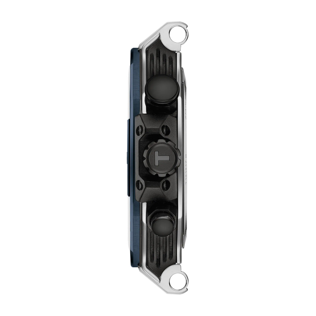 Side profile of the Tissot T-Race Chronograph Quartz 45mm Watch showing two round pushers and a textured crown, with visible screws at the top and bottom edges.