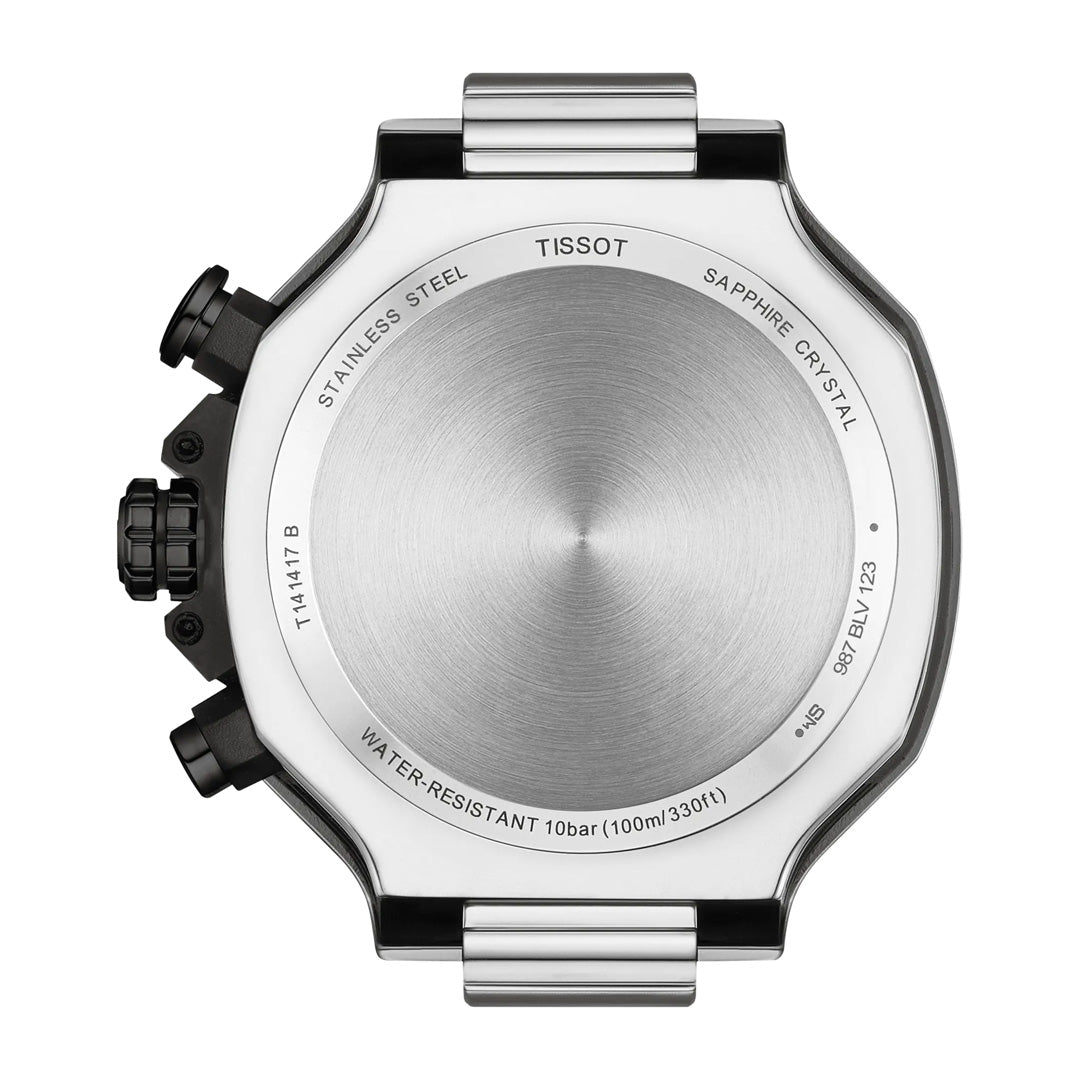 The back of the Tissot T-Race Chronograph Quartz 45mm Watch features an engraved stainless steel case back with water resistance (10 bar/100m/330ft), model number, sapphire crystal inscriptions, and a partially visible metal band.