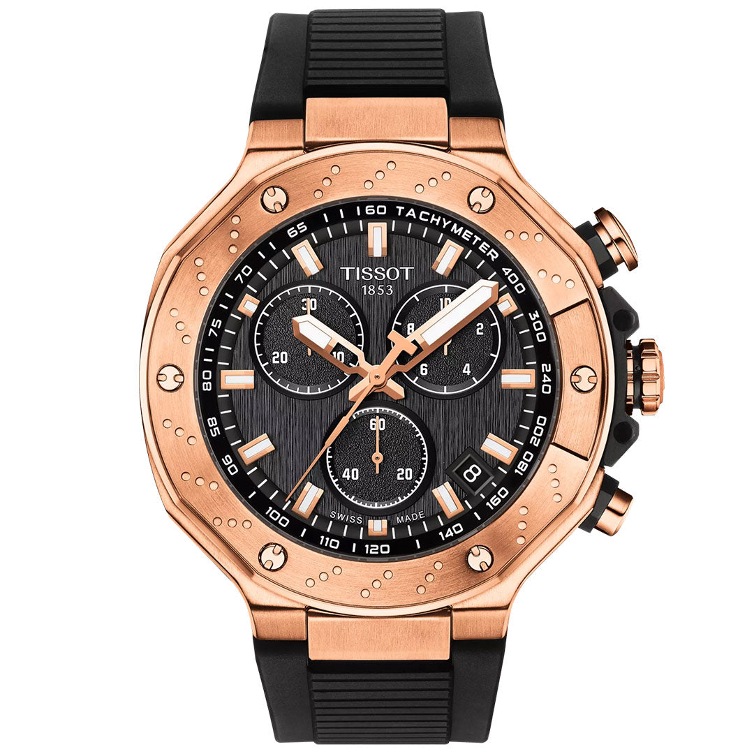 The Tissot T-Race Chronograph Quartz 45mm Watch features a rose gold case, black tachymeter bezel, three sub-dials, Swiss Quartz movement, a black rubber strap, and bold gold and white dial accents.