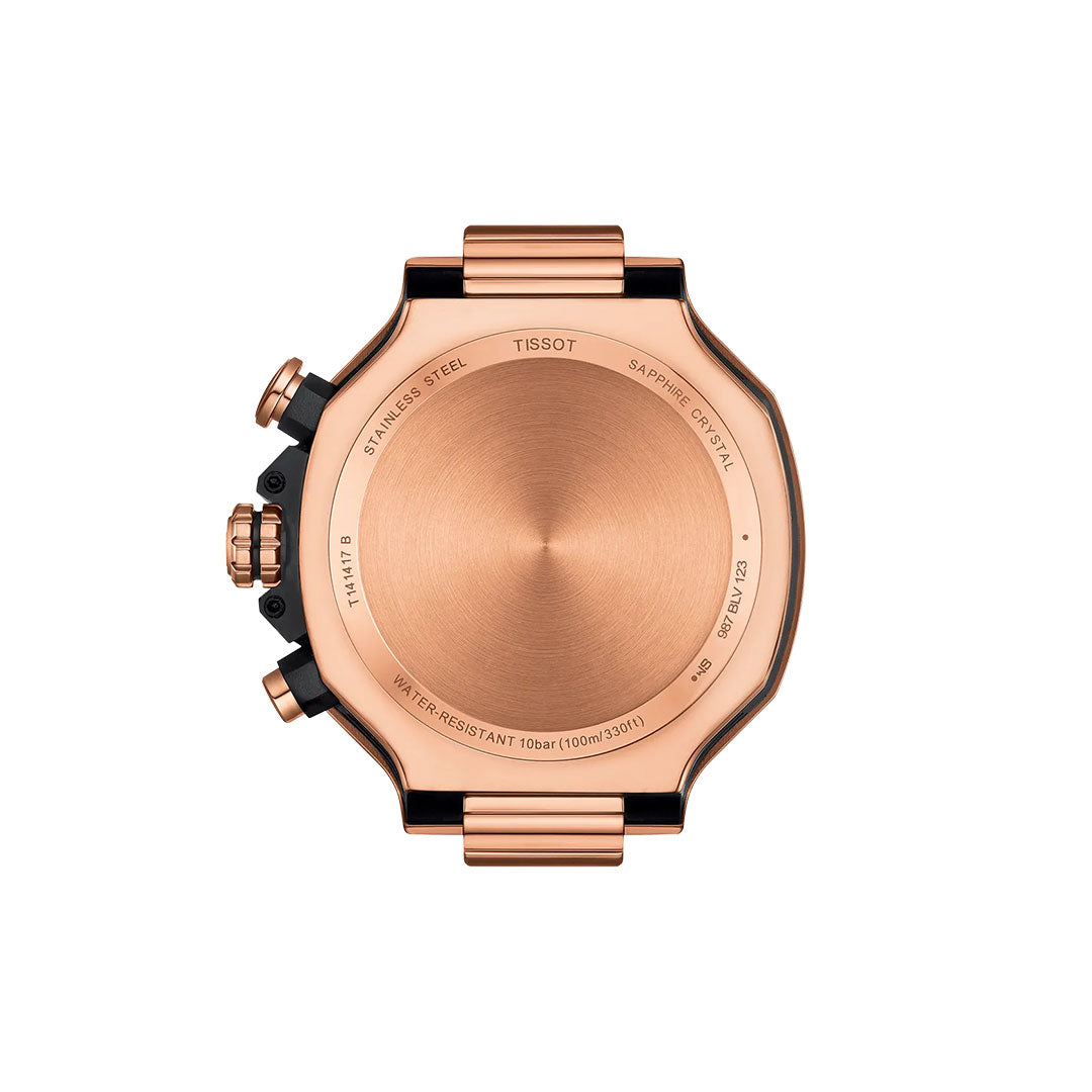 Back view of the Tissot T-Race Chronograph Quartz 45mm watch, featuring a rose gold stainless steel case, control buttons, engraved specs like water resistance and sapphire crystal, plus a partially visible band—ideal for the gentleman biker.