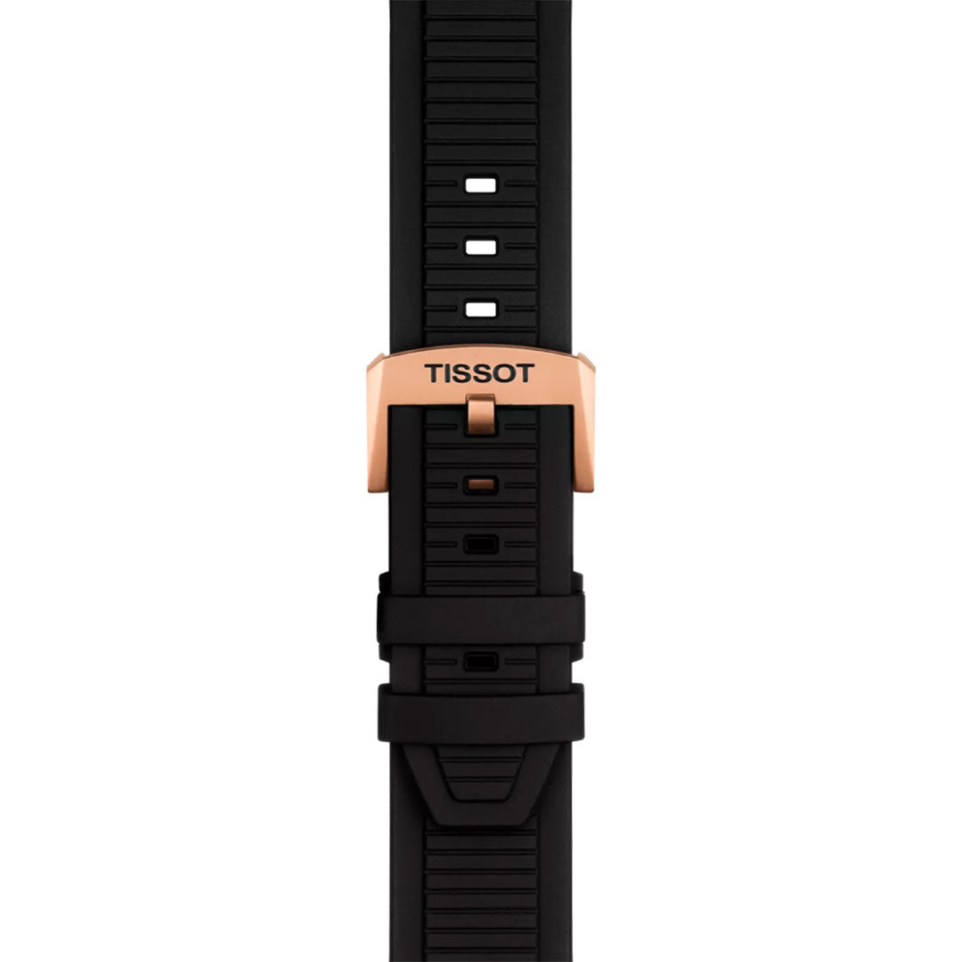 A black strap with a rose gold Tissot-engraved buckle, designed for the Tissot T-Race Chronograph Quartz 45mm Watch. Textured pattern and multiple adjustment holes make it ideal for stylish watch enthusiasts.