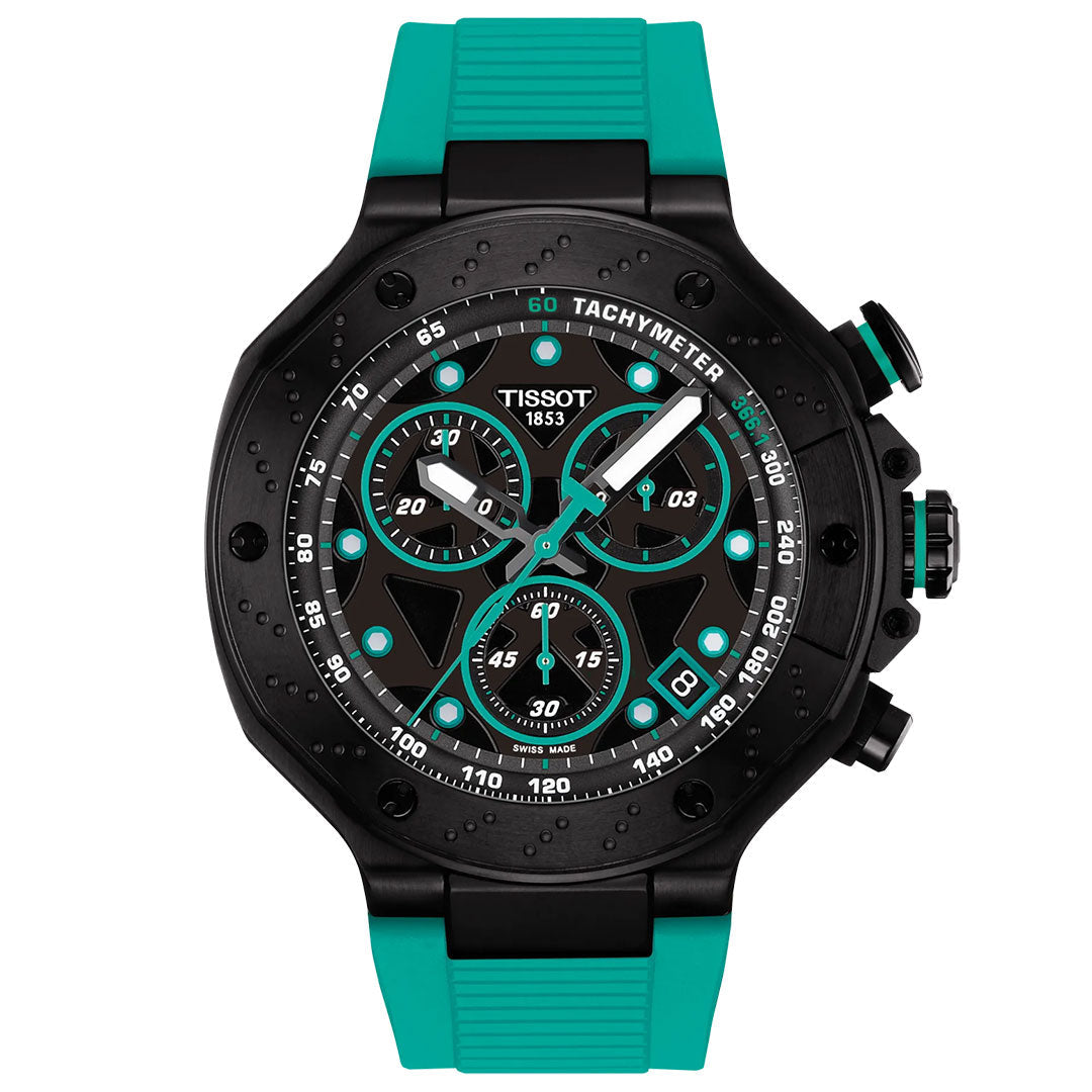 The Tissot T-Race Chronograph Quartz 45mm watch features a black case, turquoise rubber strap, turquoise dial accents, multiple subdials, tachymeter scale, date display, and side push buttons—perfect for racing bike fans.