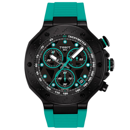 The Tissot T-Race Chronograph Quartz 45mm watch features a black case, turquoise rubber strap, turquoise dial accents, multiple subdials, tachymeter scale, date display, and side push buttons—perfect for racing bike fans.
