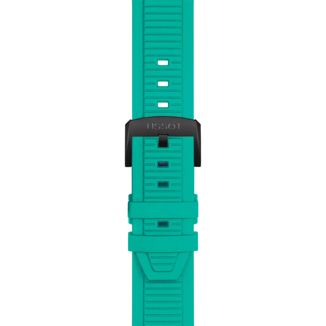 A close-up of the Tissot T-Race Chronograph Quartz 45mm Watch strap in teal with a black buckle and textured pattern, displayed vertically on a white background.
