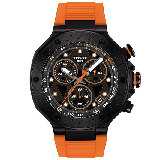 The Tissot T-Race Chronograph Quartz 45mm Watch features a black dial with three subdials, orange accents, an orange rubber strap, tachymeter scale, quartz chronograph movement, and white hour and minute hands with orange tips.