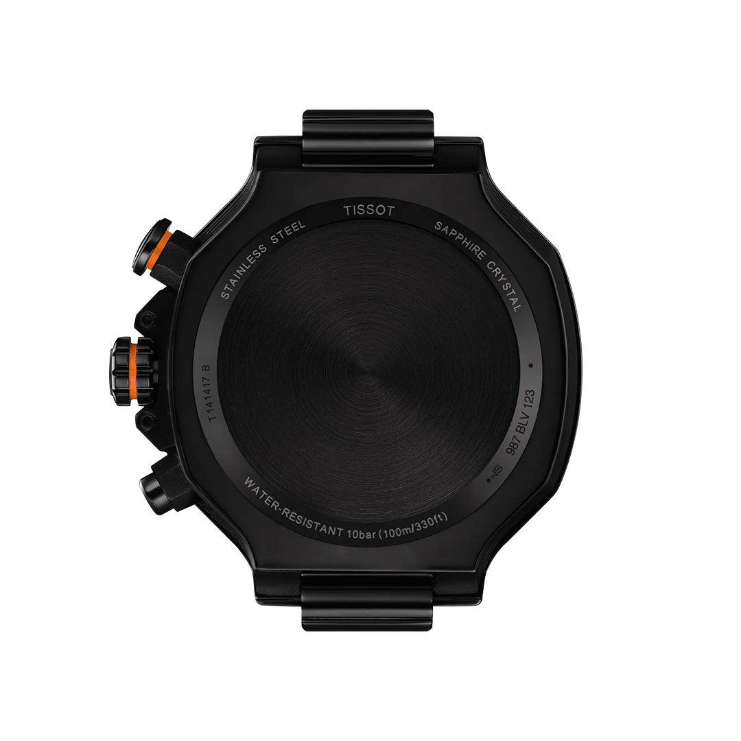 The Tissot T-Race Chronograph Quartz 45mm Watch features a round stainless steel case, engraved details, black metal links, side buttons with orange accents, and a durable sapphire crystal—a sporty timepiece from Tissot.