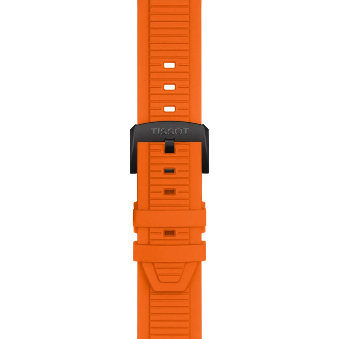 Close-up of an orange rubber strap with a black buckle, featuring the Tissot logo, textured pattern, and adjustable holes—crafted for the sporty Tissot T-Race Chronograph Quartz 45mm Watch.