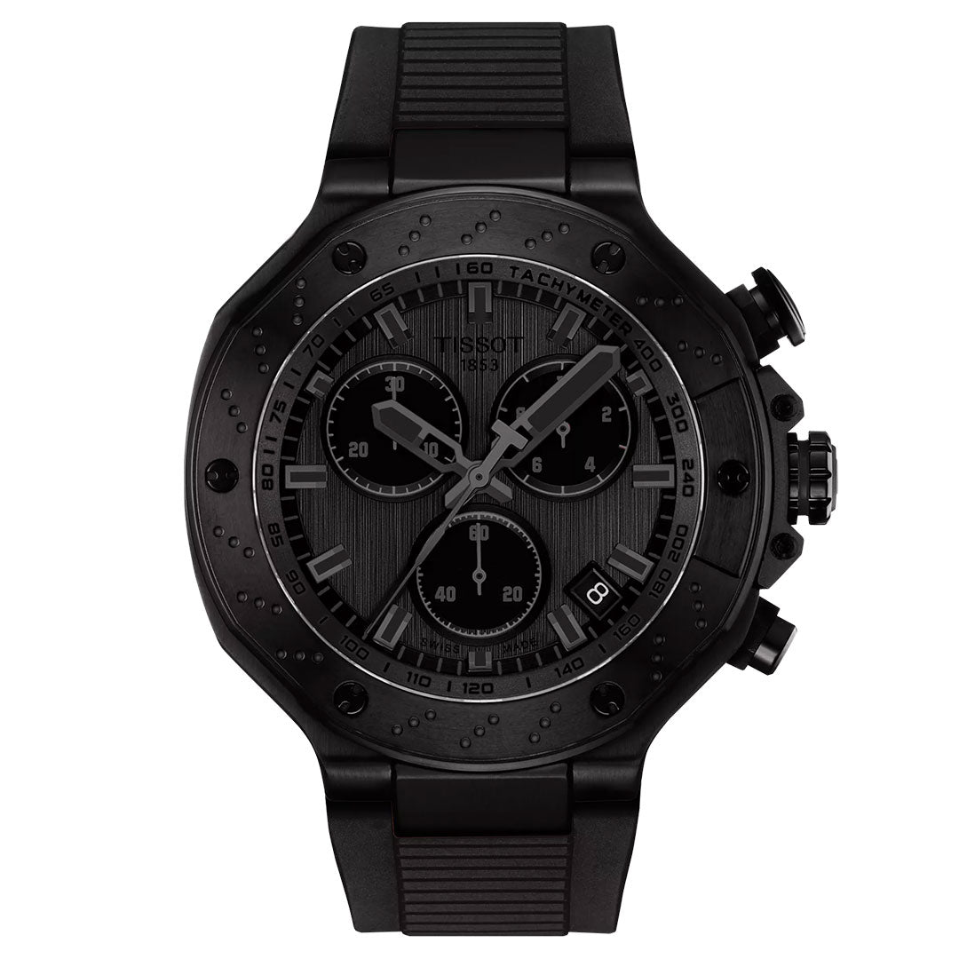 The Tissot T-Race Chronograph Quartz 45mm Watch features a matte black face, stainless steel case, textured rubber strap, three subdials, tachymeter bezel, and bold side buttons—all in Tissot's signature design.