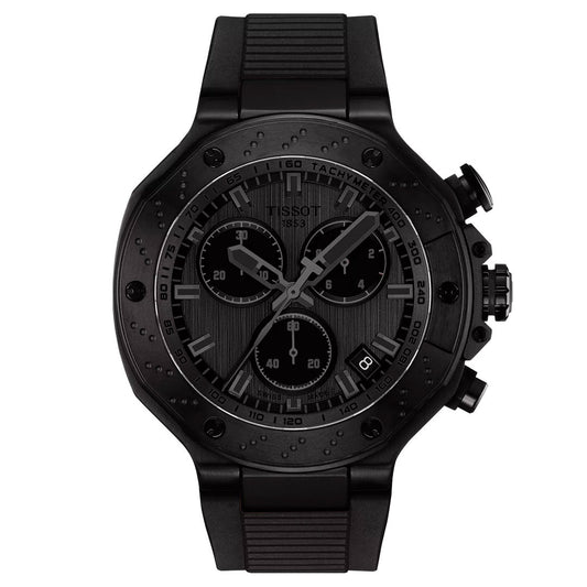 The Tissot T-Race Chronograph Quartz 45mm Watch features a matte black face, stainless steel case, textured rubber strap, three subdials, tachymeter bezel, and bold side buttons—all in Tissot's signature design.