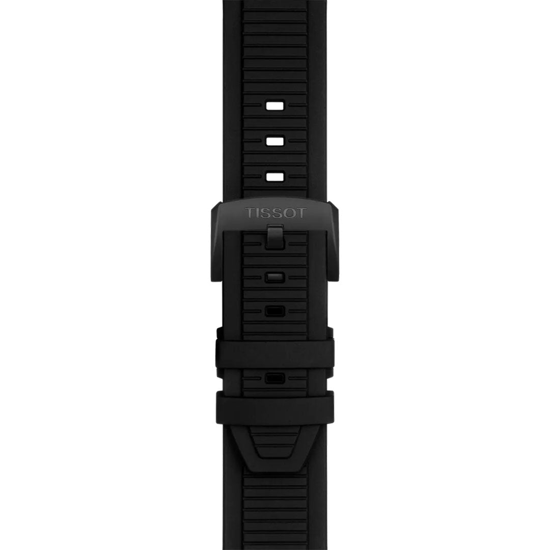 Black rubber strap for the Tissot T-Race Chronograph Quartz 45mm, featuring a rectangular metal buckle engraved with "Tissot," horizontal grooves, multiple size-adjustment holes, and a sleek modern design.