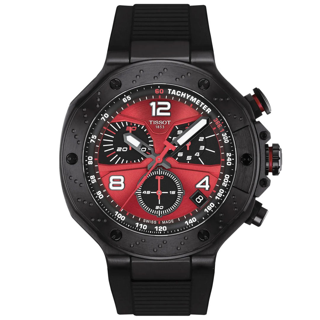 The Tissot T-Race MOTOGP Chronograph Quartz 45mm Watch, a limited edition of 8,000 pieces, features a bold black case and strap with a red and black dial—ideal for MotoGP fans and racing enthusiasts.