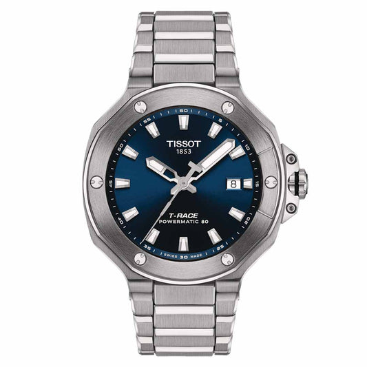 This Tissot T-Race Powermatic 80 Automatic 41mm Watch is a part of the esteemed T-Race collection, embodying the precision watchmaking spirit of the Tissot brand. Featuring a stainless steel band and case complemented by a blue dial with silver hour markers, luminescent hands, and a date window at 3 o'clock, it mirrors the sleek design reminiscent of motorbikes.