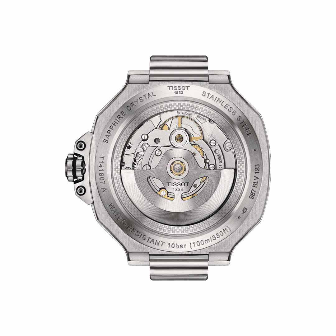 The image displays the reverse side of the Tissot T-Race Powermatic 80 Automatic 41mm Watch, featuring a transparent case that exposes its intricate mechanical components. Inscribed with "Sapphire Crystal" and "Stainless Steel," it also notes water resistance up to 10 bar (100m/330ft), reflecting exceptional precision in watchmaking.