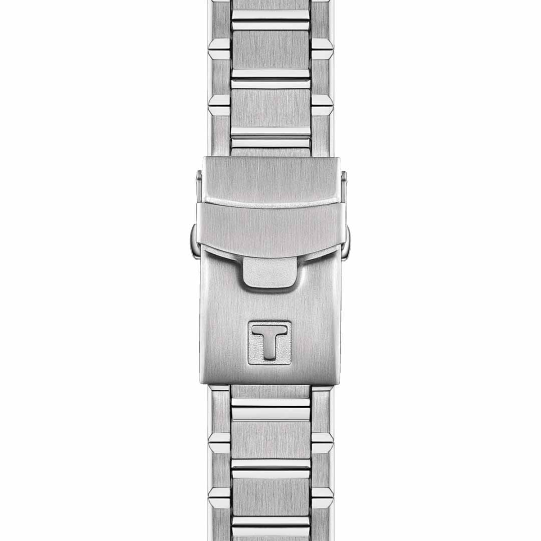 Close-up of a stainless steel clasp on the Tissot T-Race Powermatic 80 Automatic 41mm Watch, featuring a rectangular design with an engraved "T" logo. The watch band is composed of interlocking links, showcasing precision watchmaking. The centrally aligned clasp emphasizes its sleek and polished appearance.