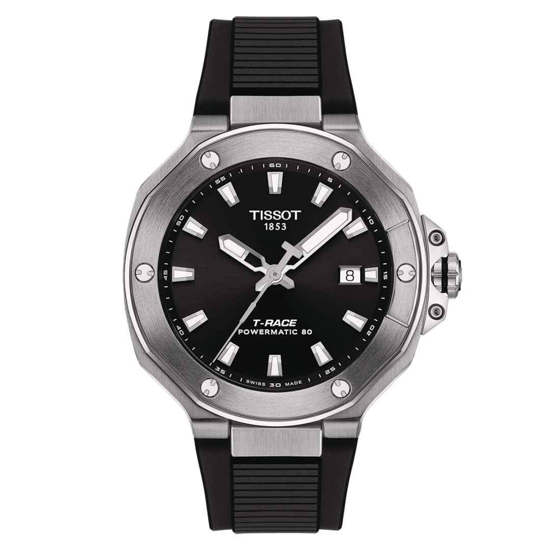 The Tissot T-Race Powermatic 80 Automatic 41mm Watch showcases a black dial with silver hour markers and a date display. Its sporty design is highlighted by a stainless steel case and black rubber strap, while the Nivachron balance spring enhances precision.