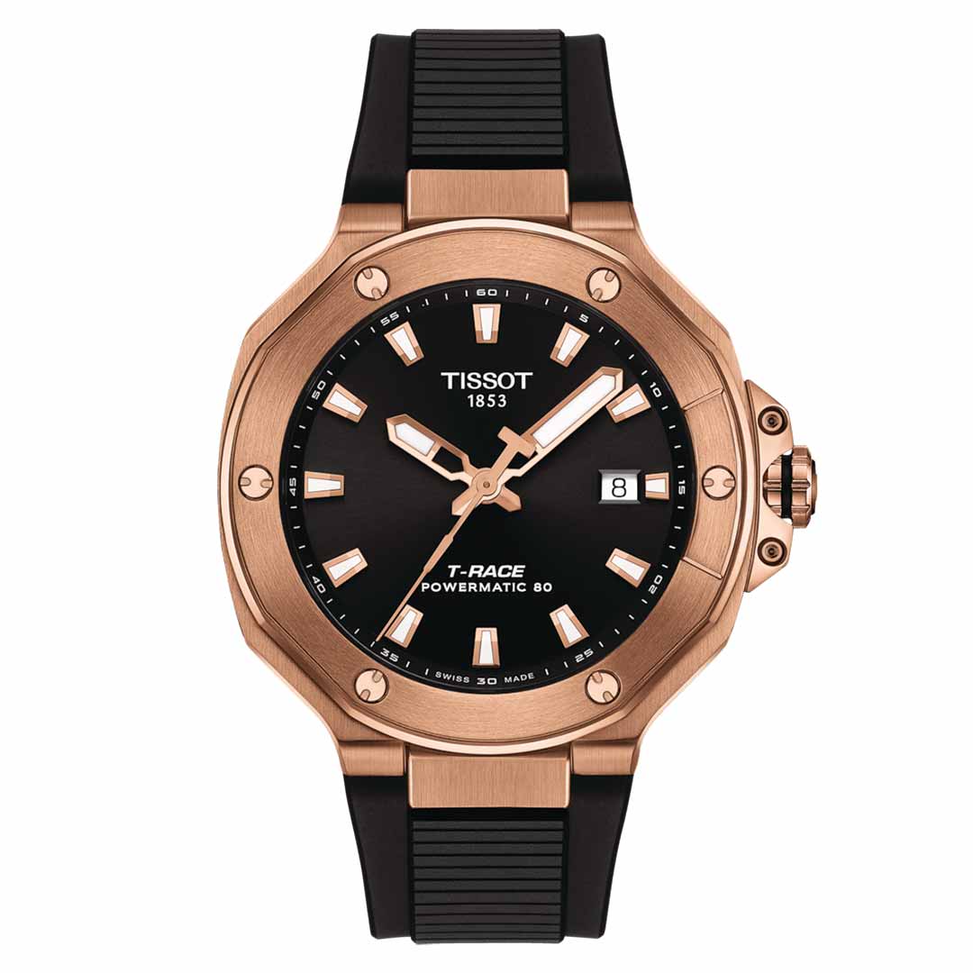 The Tissot T-Race Powermatic 80 Automatic 41mm Watch features a black dial with silver and gold hour markers, a date display at the 3 o'clock position, and a sleek black strap. Its rose gold case showcases a rugged and sporty design. The Nivachron balance spring enhances its precision and durability.