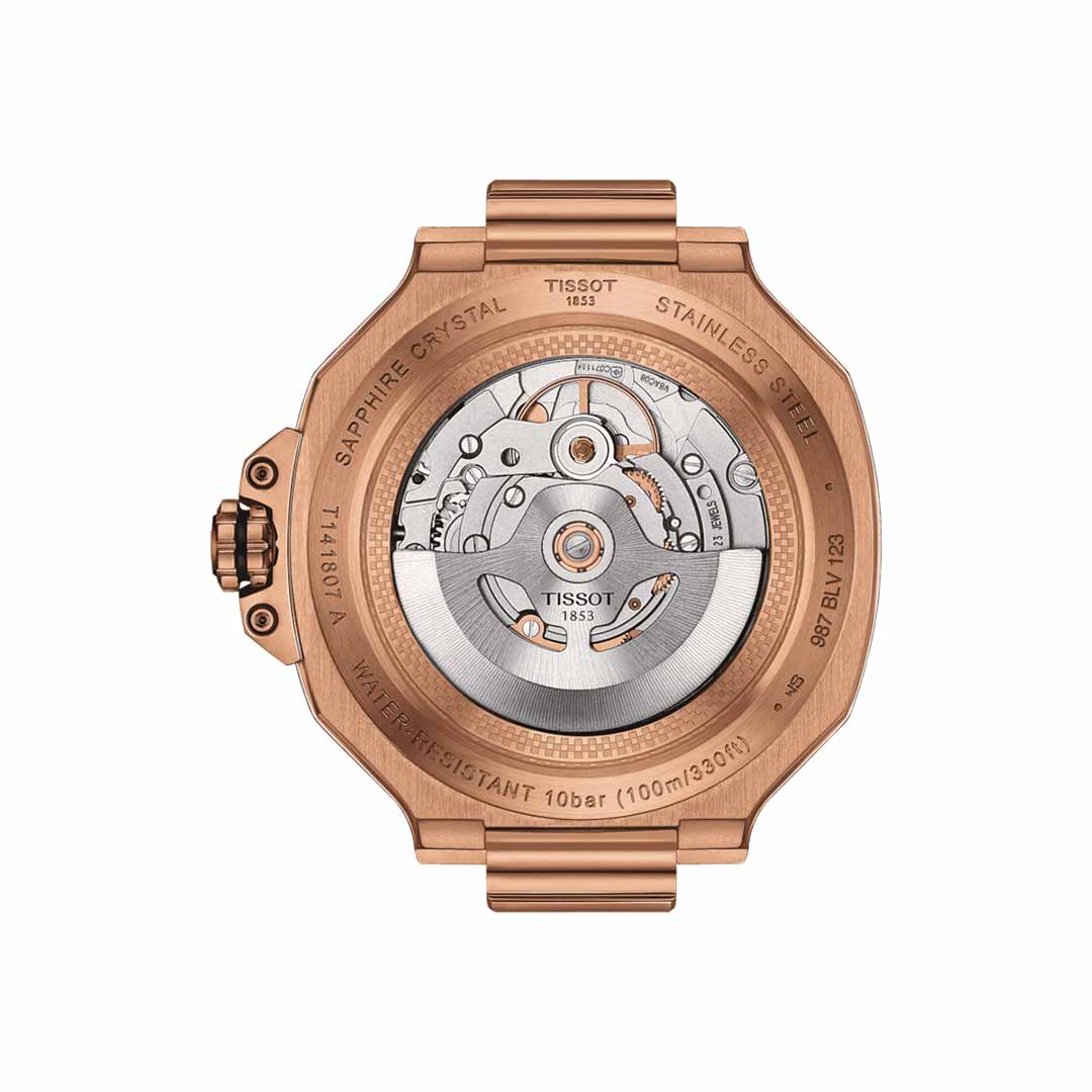 The back view of the Tissot T-Race Powermatic 80 Automatic 41mm Watch unveils its intricate mechanical movement. With a rose gold case engraved with water resistance details, it contains the Powermatic 80 and Nivachron balance spring. The exposed gears can be seen through the transparent sapphire crystal.