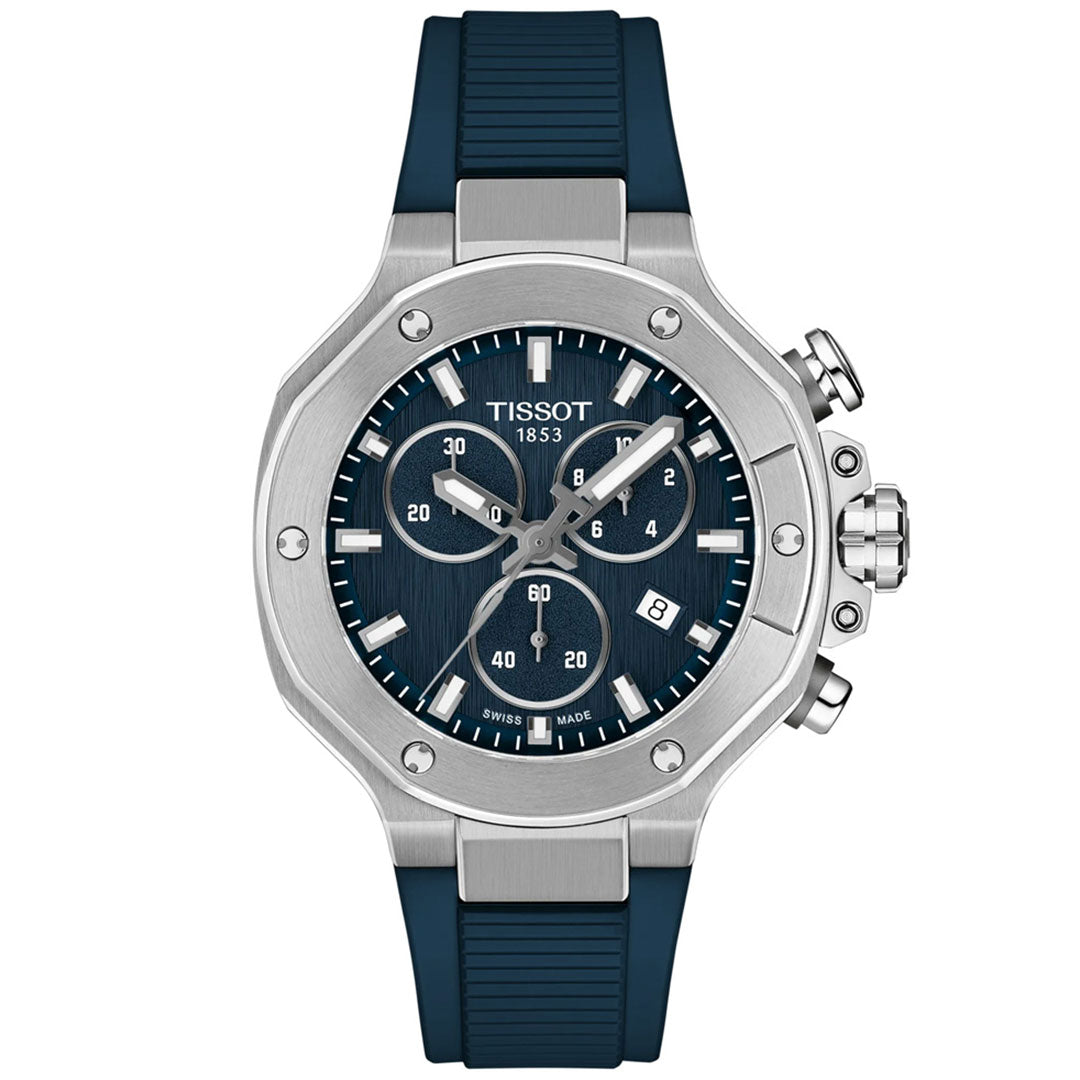 The Tissot T-Race Chronograph Quartz 38mm Watch for men features a blue dial with three subdials, date display, silver hour markers, a blue rubber strap, and a stainless steel bezel and case with push buttons on the right.