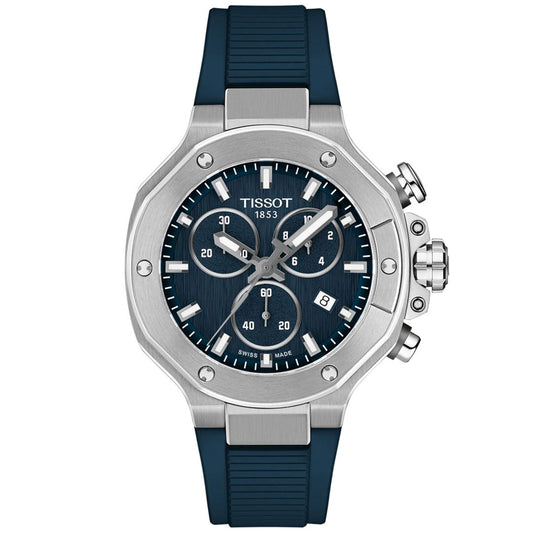 The Tissot T-Race Chronograph Quartz 38mm Watch for men features a blue dial with three subdials, date display, silver hour markers, a blue rubber strap, and a stainless steel bezel and case with push buttons on the right.