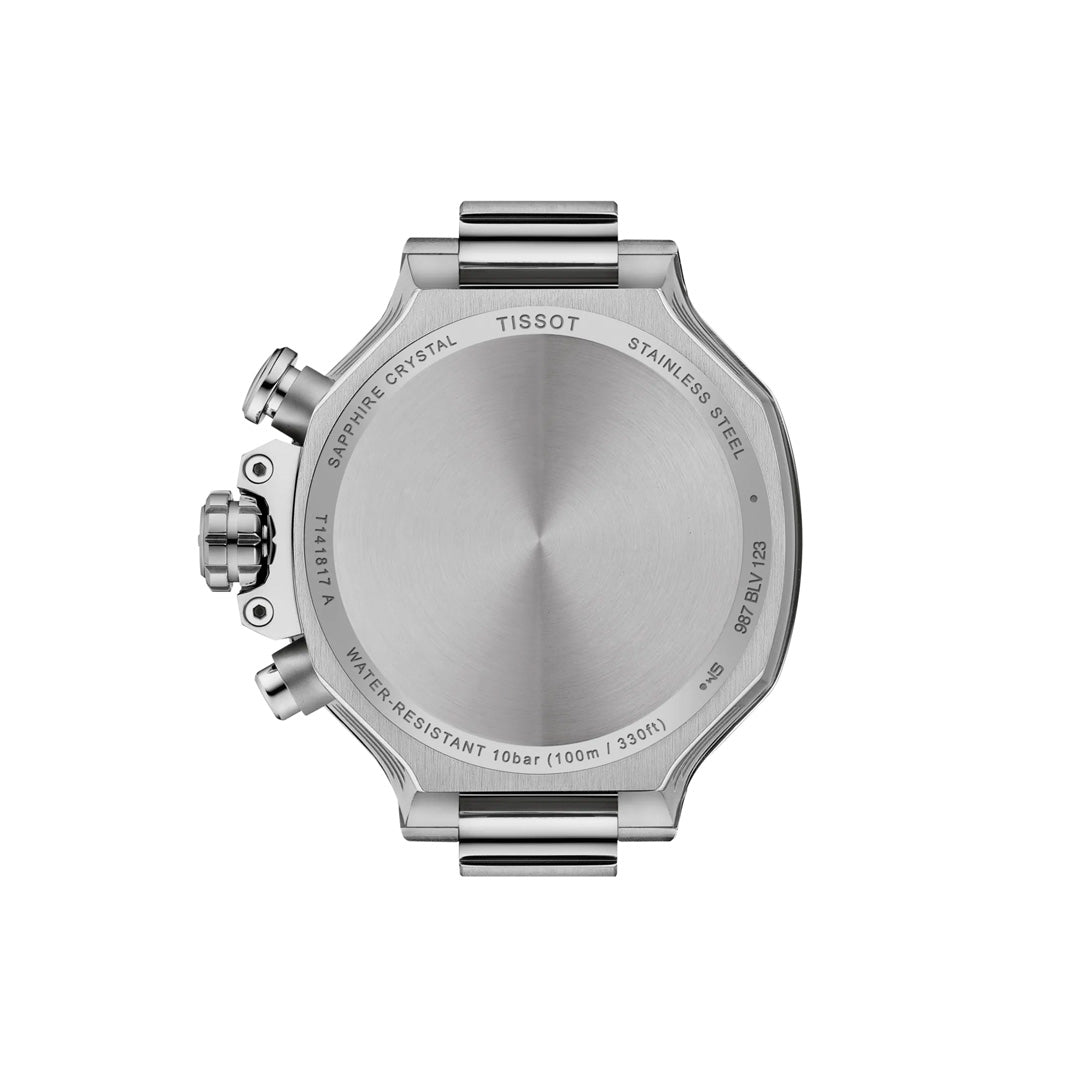Back view of the Tissot T-Race Chronograph Quartz 38mm Watch showing brushed stainless-steel case, engraved details, pushers, and metal bracelet. Text highlights sapphire crystal, water resistance, and key specs.