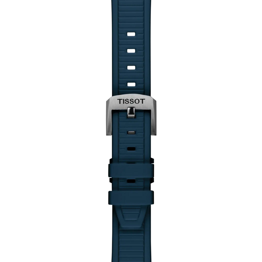A blue silicone strap with textured design and silver metal "TISSOT" buckle, designed for the Tissot T-Race Chronograph Quartz 38mm watch. Features multiple adjustment holes for a custom fit.