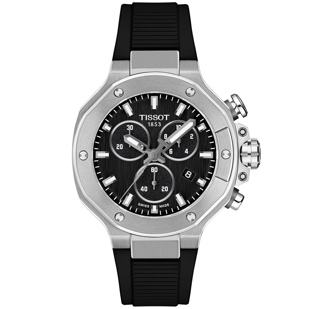 The Tissot T-Race Chronograph Quartz 38mm Watch features a black dial, silver stainless-steel case, three subdials, black rubber strap, and silver push buttons—a sporty design perfect for motorcycle racing. Tissot logo at the top.