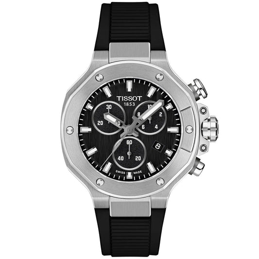 The Tissot T-Race Chronograph Quartz 38mm Watch features a black dial, silver stainless-steel case, three subdials, black rubber strap, and silver push buttons—a sporty design perfect for motorcycle racing. Tissot logo at the top.