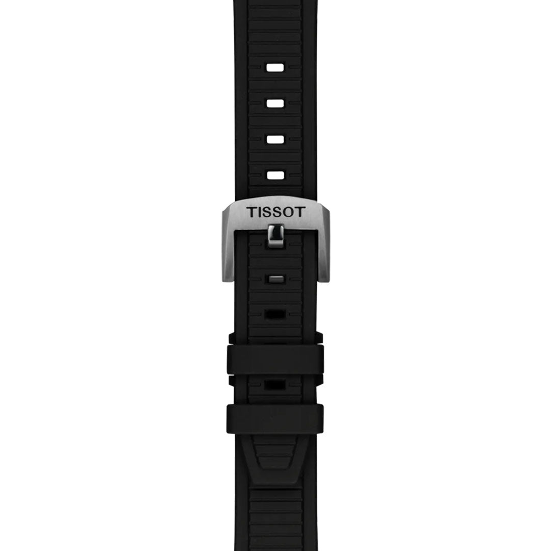 Black rubber strap with silver TISSOT-engraved buckle, shown vertically on white. Textured detail and multiple holes make it the perfect accessory for the Tissot T-Race Chronograph Quartz 38mm Watch.