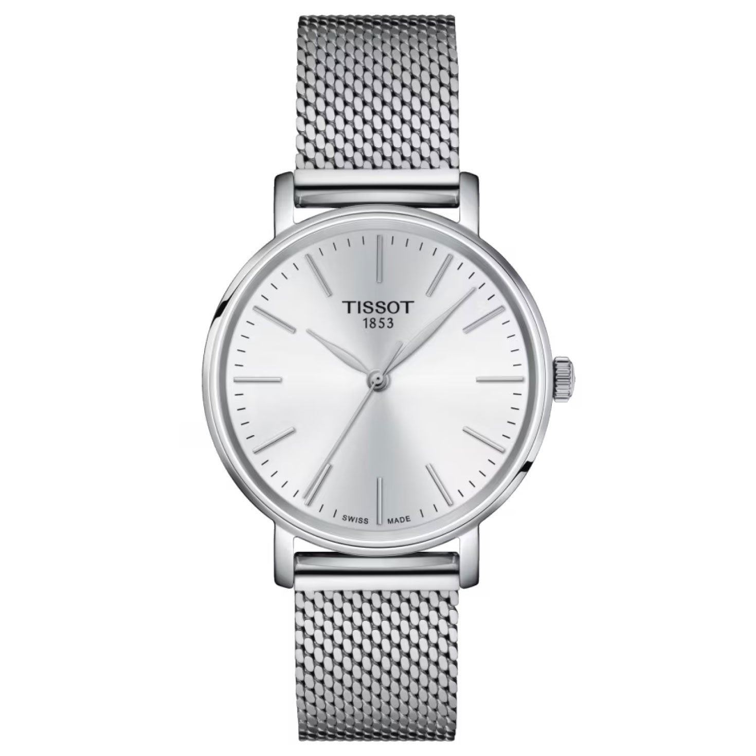The Tissot Everytime Quartz 34mm Watch showcases a 316L stainless steel mesh band and a minimalist silver dial, featuring sleek hour markers, thin hands, the signature "Tissot 1853," and is equipped with a scratch-resistant sapphire crystal.