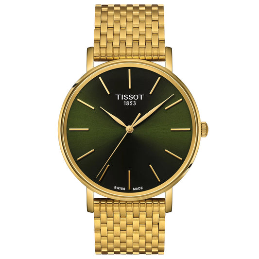 The Tissot Everytime Quartz 40mm Watch features a gold case, green sunburst dial, gold markers, "Tissot 1853" on the face, and a Swiss Made gold mesh bracelet for timeless elegance.