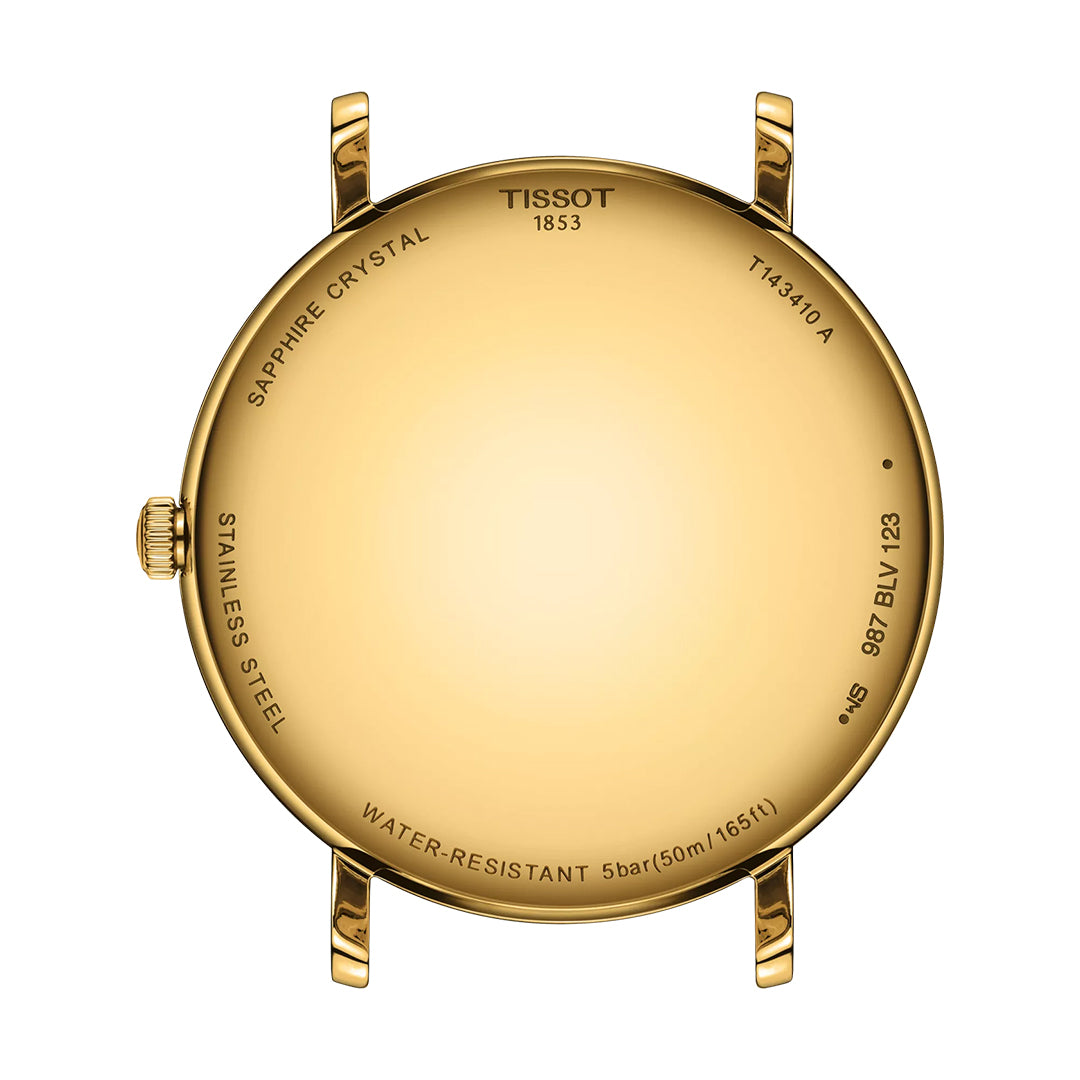 Back view of the Tissot Everytime Quartz 40mm Watch case in gold with four lugs, side crown, and engraved details such as Swiss Made, water resistance, stainless steel, and specifications. No straps attached.