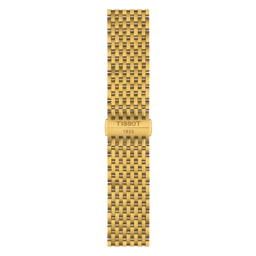 The Tissot Everytime Quartz 40mm features a Swiss Made gold mesh stainless steel band with a clasp engraved "TISSOT 1853," shown here against a white background.