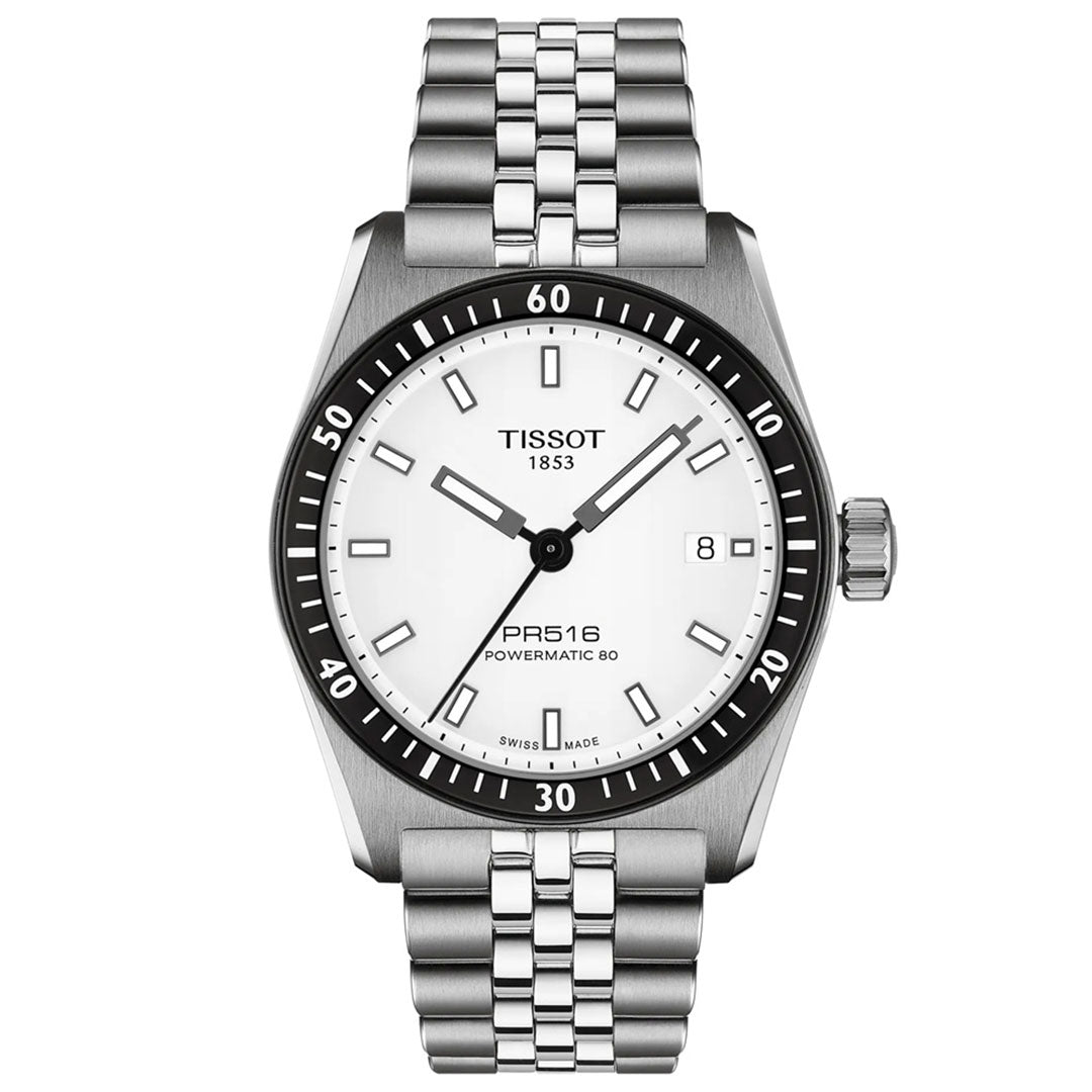 The Tissot PR516 Powermatic 80 Automatic 38mm Watch features a stainless-steel case, white dial, black bezel, silver markers, a date window at 3 o’clock, and comes with a sleek metal bracelet.