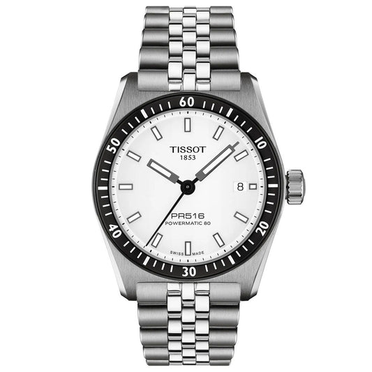 The Tissot PR516 Powermatic 80 Automatic 38mm Watch features a stainless-steel case, white dial, black bezel, silver markers, a date window at 3 o’clock, and comes with a sleek metal bracelet.