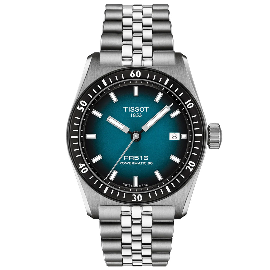 The Tissot PR516 Powermatic 80 Automatic 38mm Watch features a teal gradient dial, silver hour markers, date window at 3 o’clock, and a stainless-steel multi-link bracelet.
