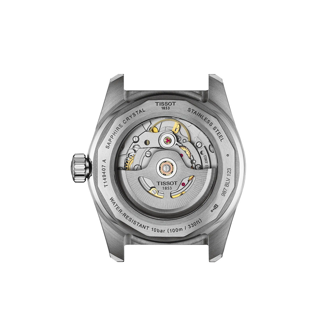 Close-up of the Tissot PR516 Powermatic 80 Automatic 38mm Watch’s stainless-steel back, highlighting its Powermatic 80 movement through a transparent case back with visible engraved technical details.