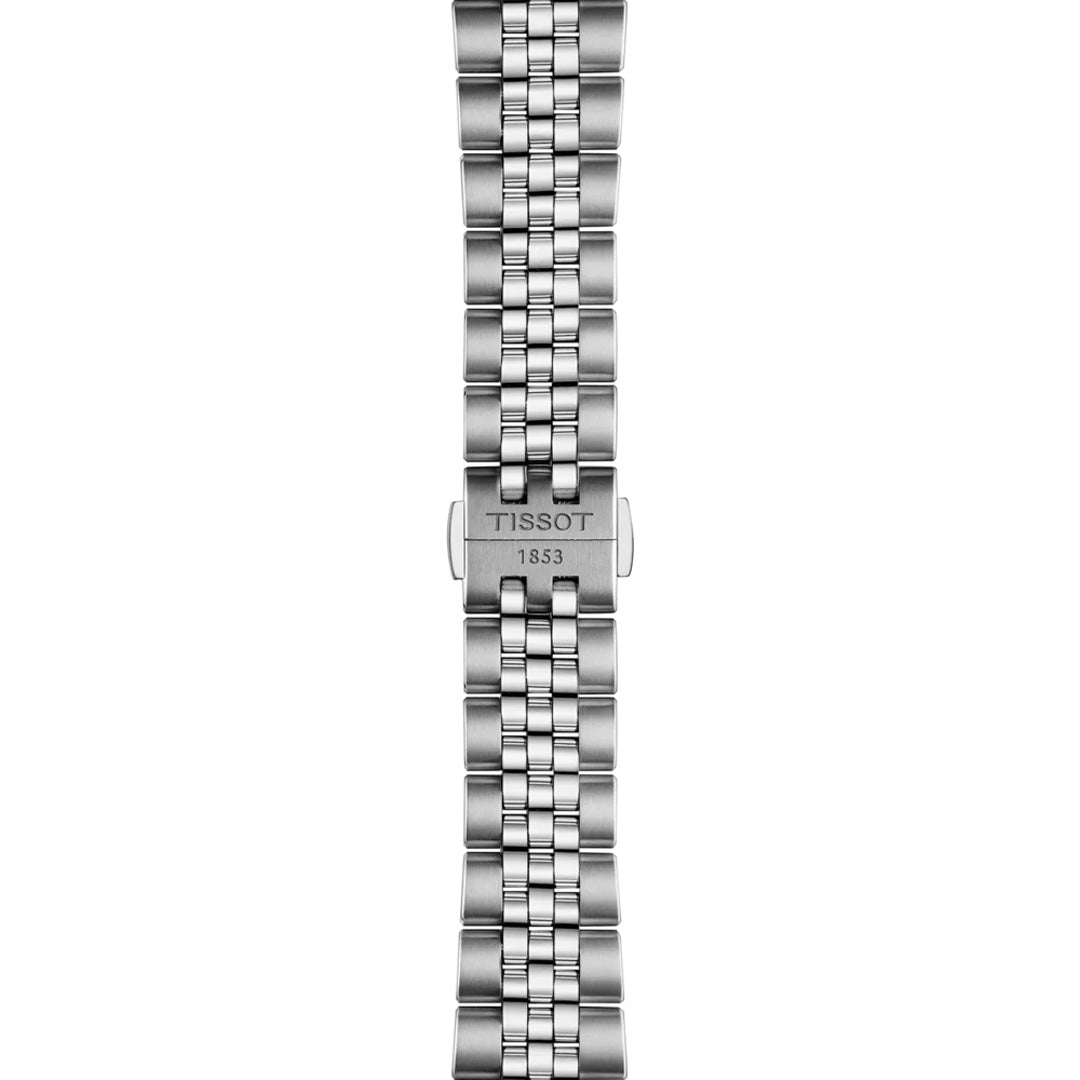 A close-up of the Tissot PR516 Powermatic 80 Automatic 38mm’s polished stainless-steel bracelet features a clasp engraved "Tissot 1853," with a five-link design that complements this refined Tissot watch.