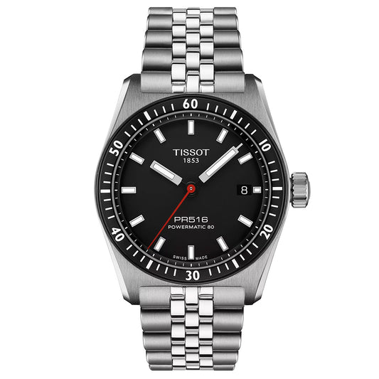 The Tissot PR516 Powermatic 80 Automatic 38mm Watch features a stainless-steel case and silver metal bracelet. Its black dial with white hour markers, a date display, and a red second hand showcases the Tissot brand name and model.