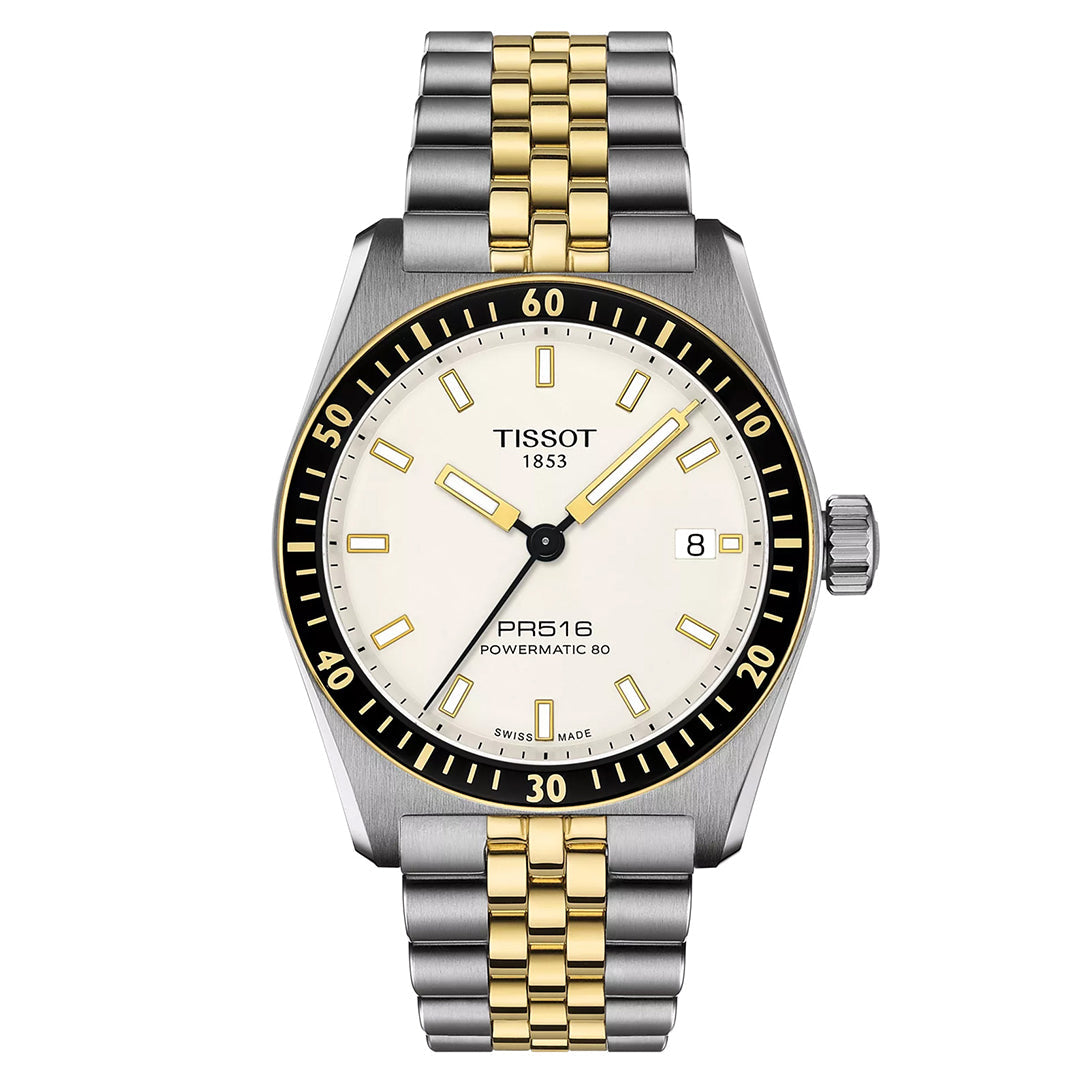 The Tissot PR516 Powermatic 80 Automatic 38mm Watch boasts a stainless-steel case with a silver and gold-toned bracelet, white dial, and black/gold bezel. Super-LumiNova® indices and hands enhance its features, while the date display is positioned at the 3 o'clock mark.