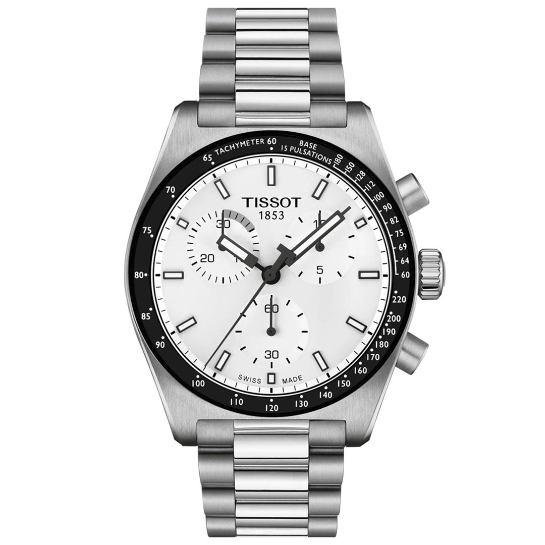 The Tissot PR516 Chronograph Quartz 40mm Watch features a stainless-steel case and bracelet, white dial with three subdials, silver hour markers, tachymeter bezel, and two pushers on the right side.